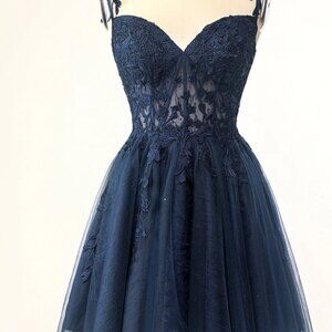 Navy Blue A-line Lace Appliques Short Homecoming Dress